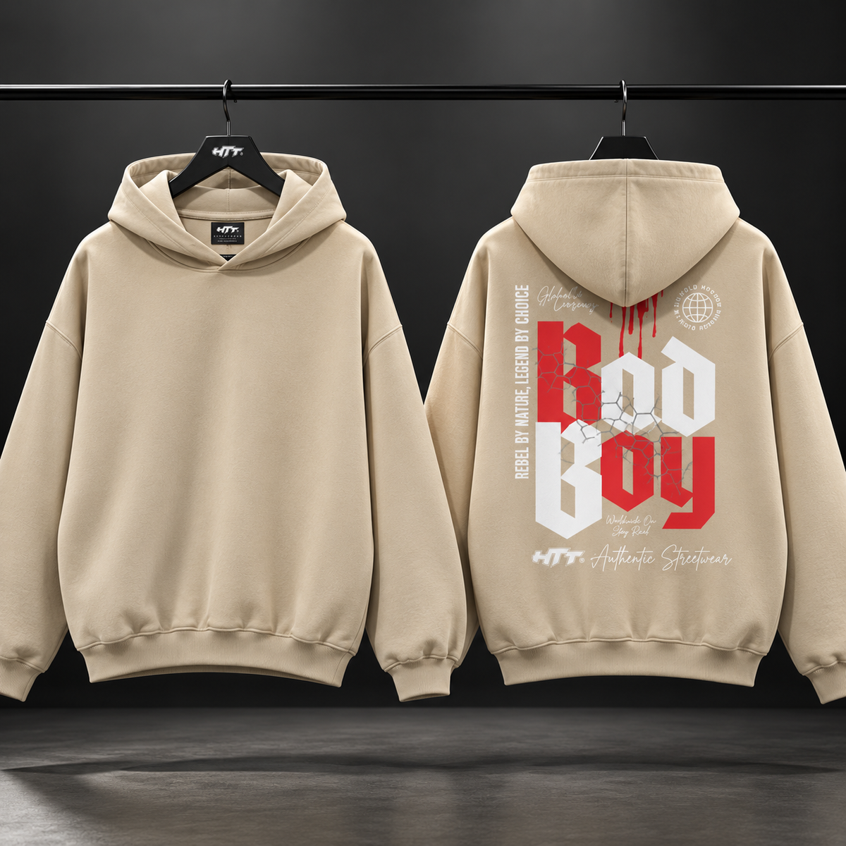 HTT BadBoy Camel hoodie – voor- en achterkant op hanger