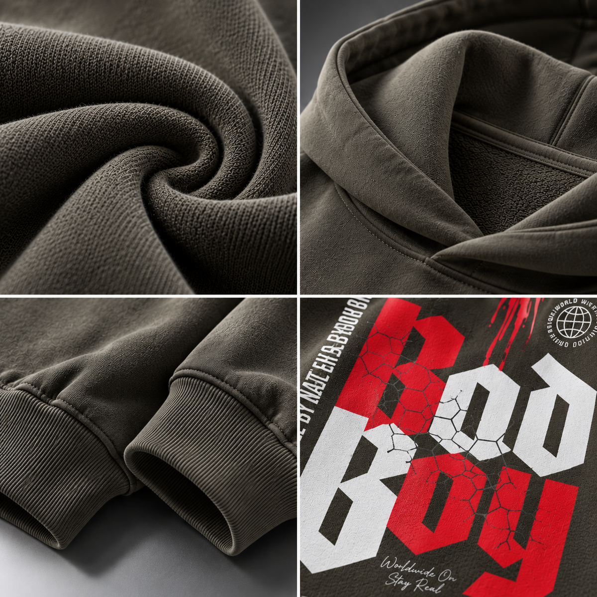 HTT BadBoy Charcoal Grey – detailcollage van stof, naden, boorden en rugprint
