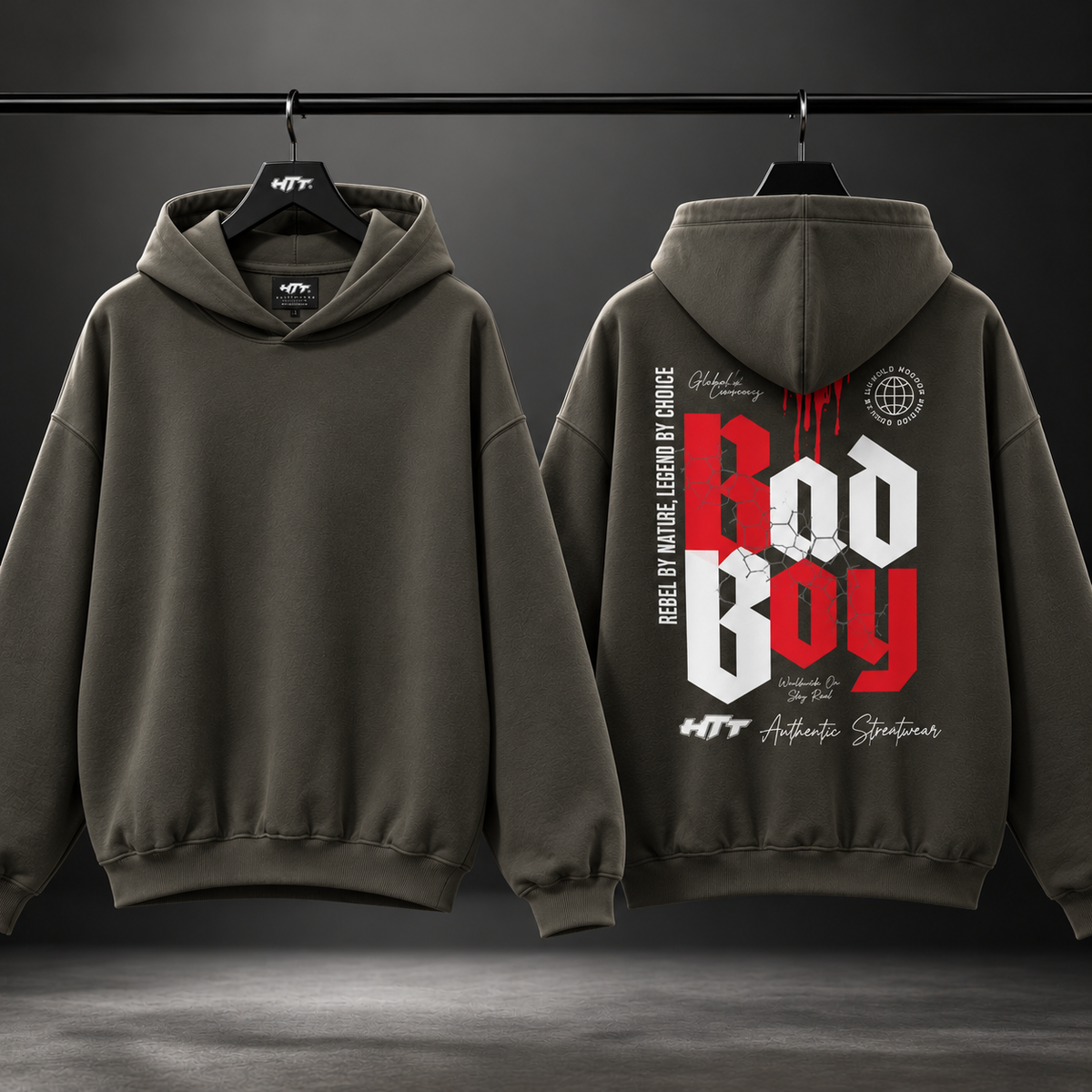 HTT BadBoy Charcoal Grey – voor- en achterkant aan hanger