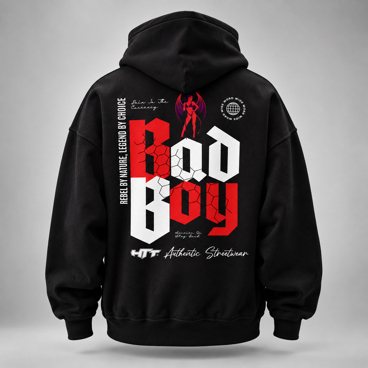 HTT BadBoy Heavy Hoodie zwart – premium streetwear hoodie met rode en witte graphic backprint