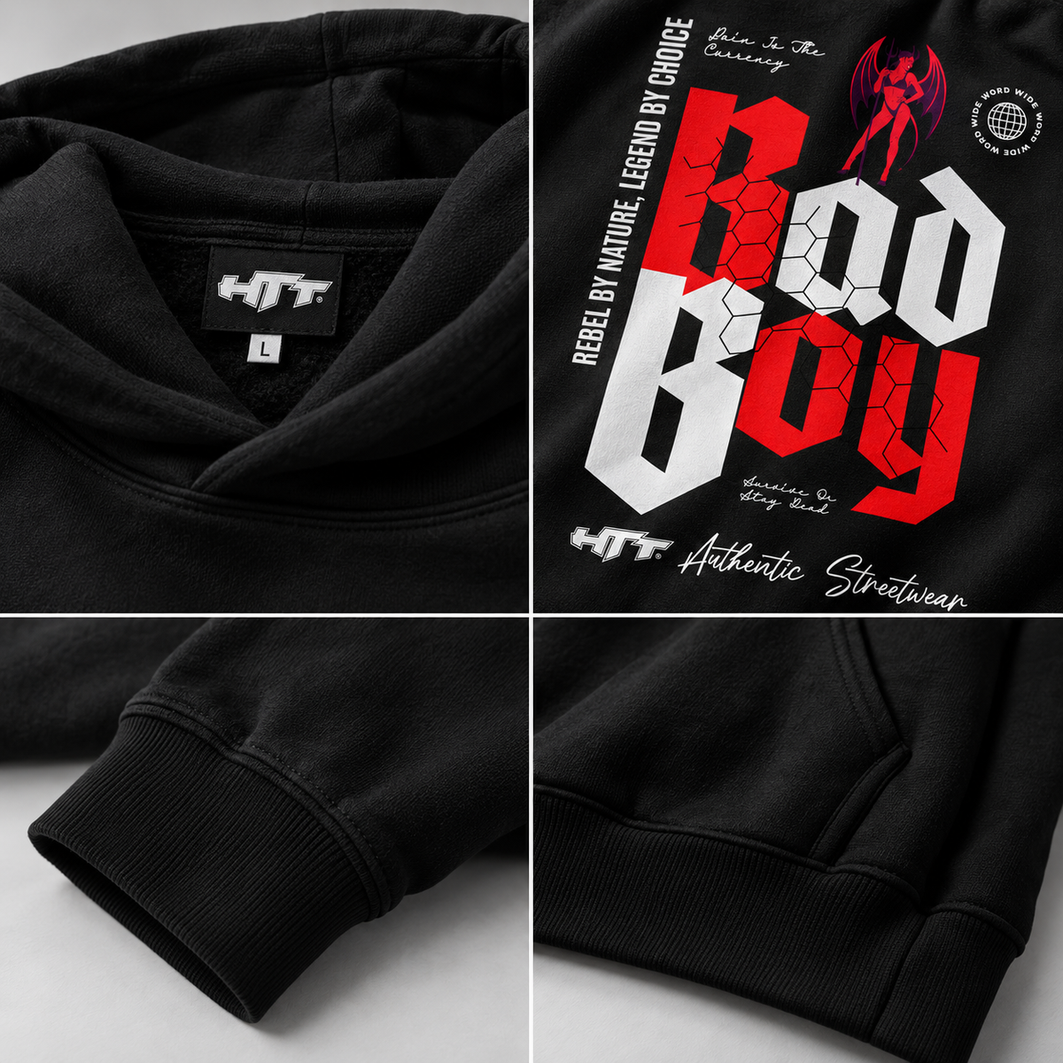 HTT BadBoy Heavy Hoodie zwart – detail van HTT neklabel, backprint, manchetten en kangoeroezak
