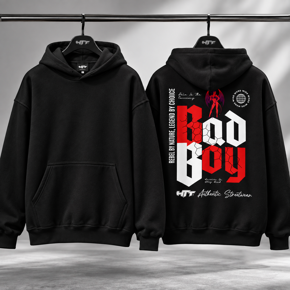 HTT BadBoy Heavy Hoodie zwart – clean voorkant en graphic achterkant op hanger