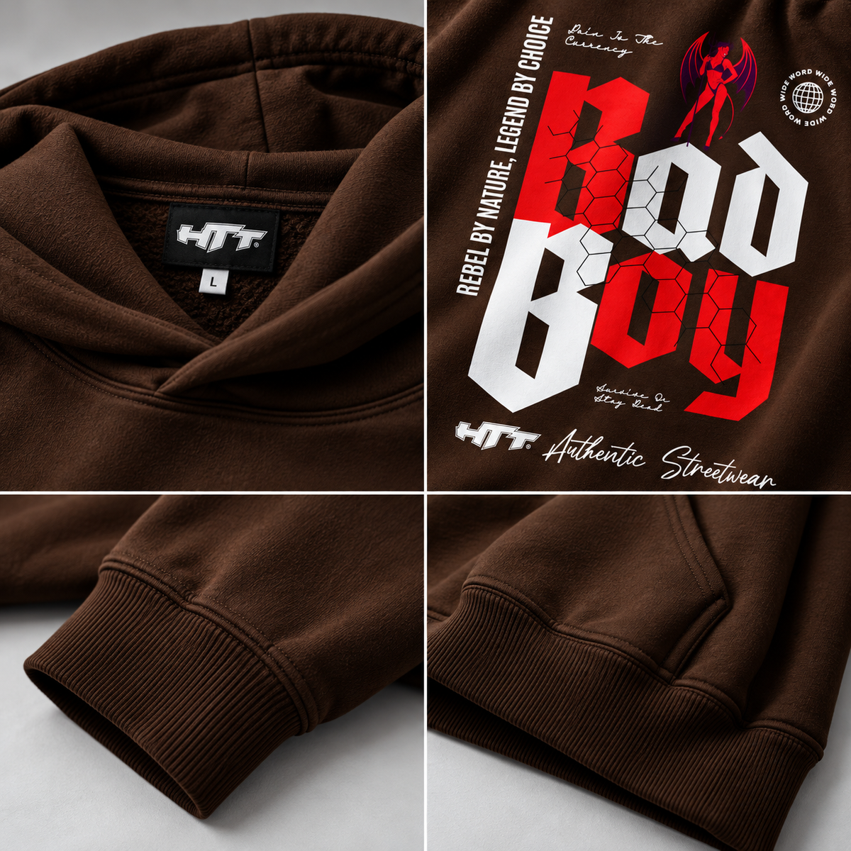 HTT BadBoy Heavy Hoodie Dark Chocolate – detail van HTT neklabel, backprint, manchetten en kangoeroezak