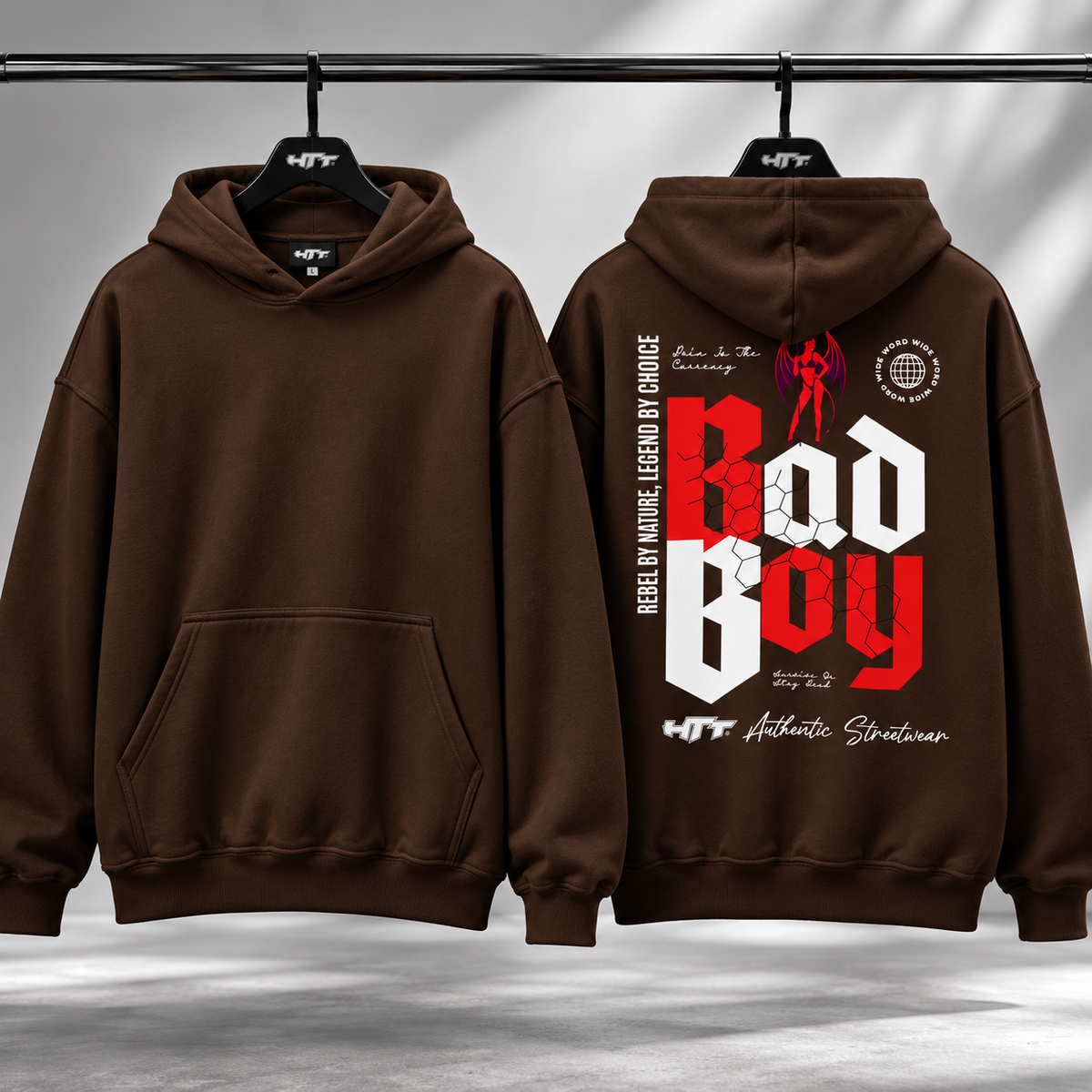 HTT BadBoy Heavy Hoodie Dark Chocolate – clean voorkant en graphic achterkant op hanger