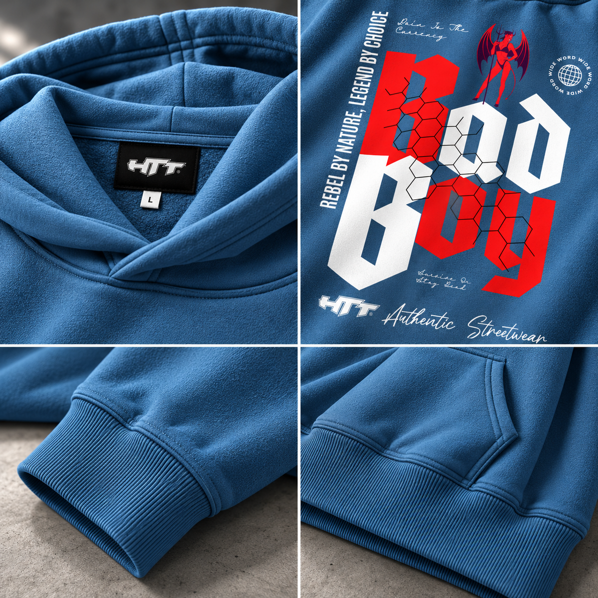 HTT BadBoy Heavy Hoodie Indigo Blue – detail van HTT neklabel, graphic backprint, manchetten en kangoeroezak