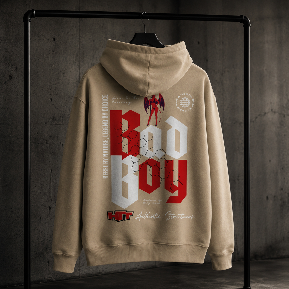 HTT BadBoy Heavy Hoodie Sand back graphic displayed on black hanger