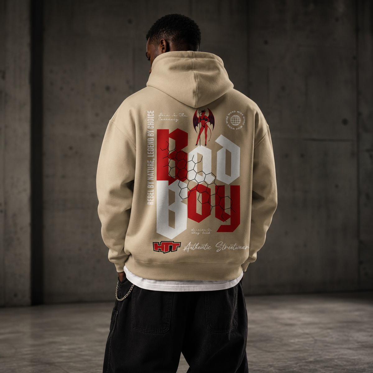 HTT BadBoy Heavy Hoodie Sand back view with red and white Bad Boy graphic