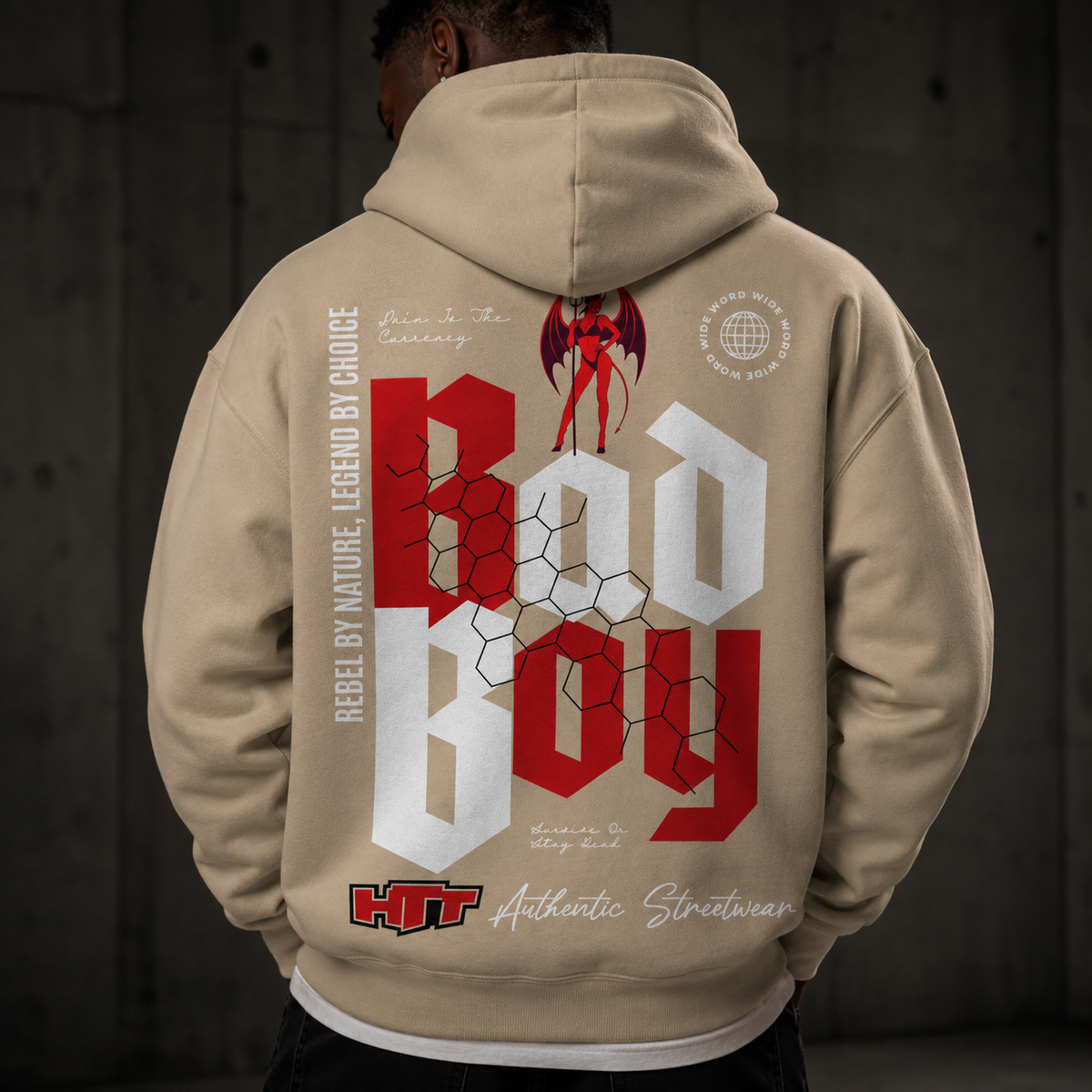 Close-up of HTT BadBoy Heavy Hoodie Sand back print and heavyweight fabric