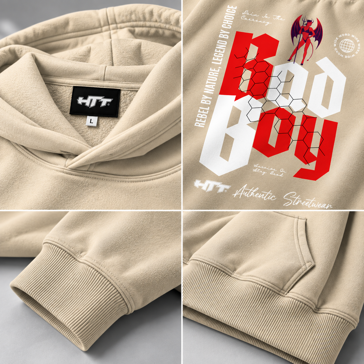 HTT BadBoy Heavy Hoodie Sand – detail van HTT neklabel, graphic backprint, manchetten en kangoeroezak