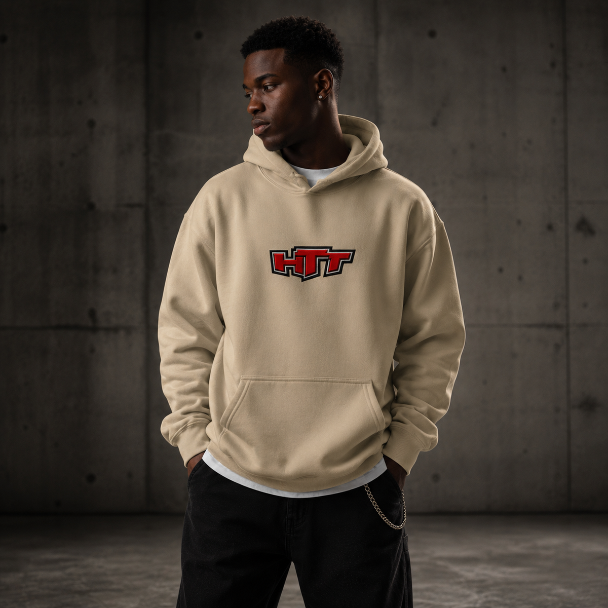 HTT BadBoy Heavy Hoodie in Sand worn by male model – premium streetwear hoodie
