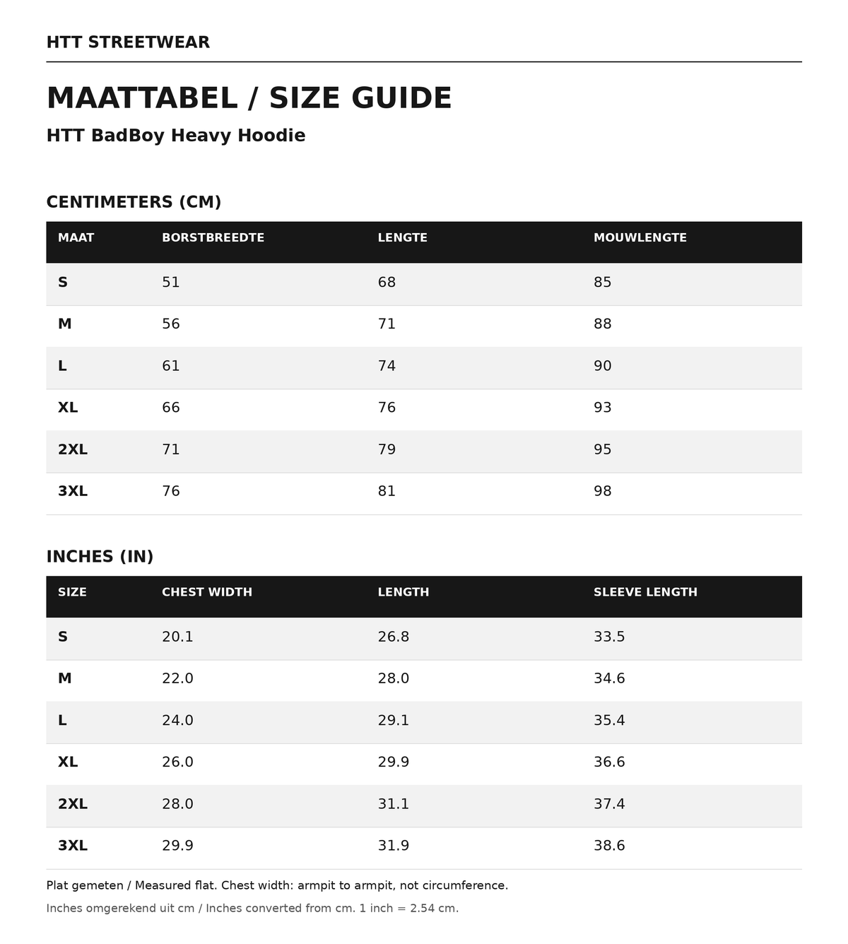 Maattabel / size guide HTT BadBoy Heavy Hoodie: maten S–3XL, afmetingen in centimeters en inches.