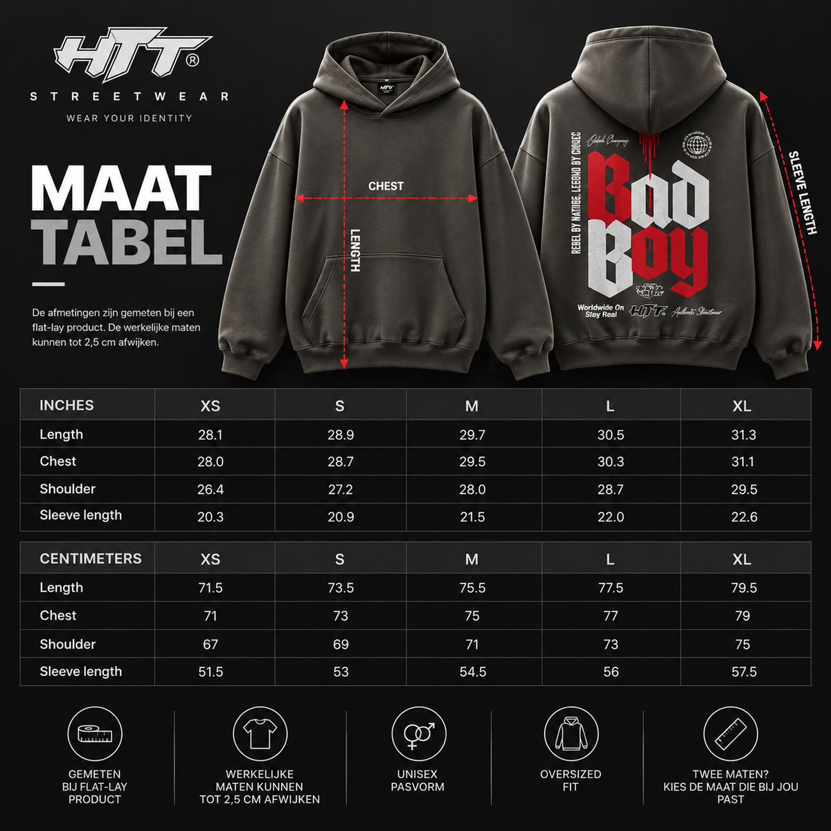 HTT BadBoy hoodie maattabel XS S M L XL – afmetingen in cm en inches