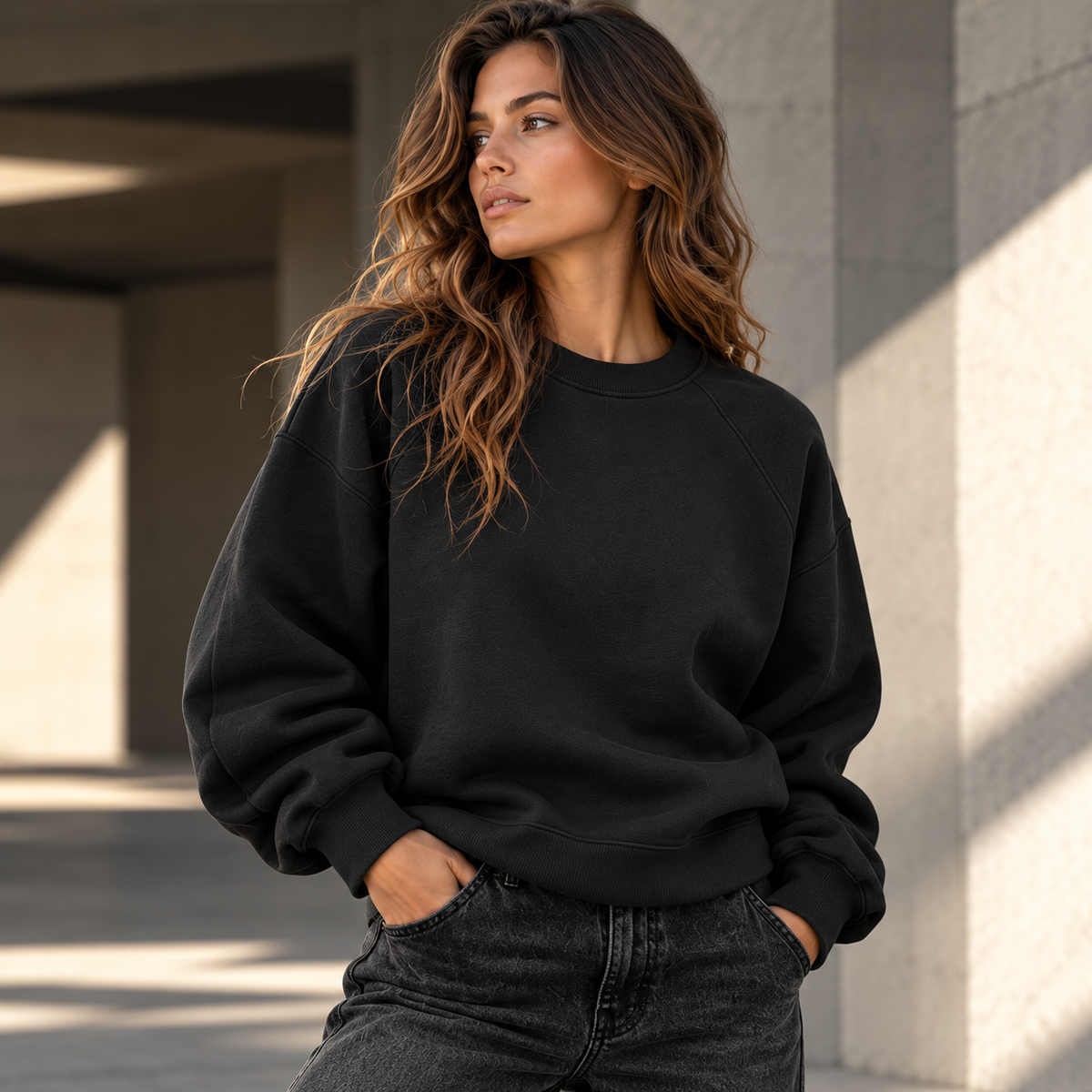 HTT BLANKS Black 380 GSM heavyweight crewneck gedragen door vrouwelijk model vooraanzicht