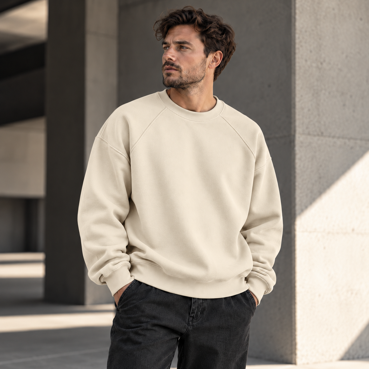 HTT BLANKS Rice Apricot oversized 380 GSM sweatshirt op mannelijk model