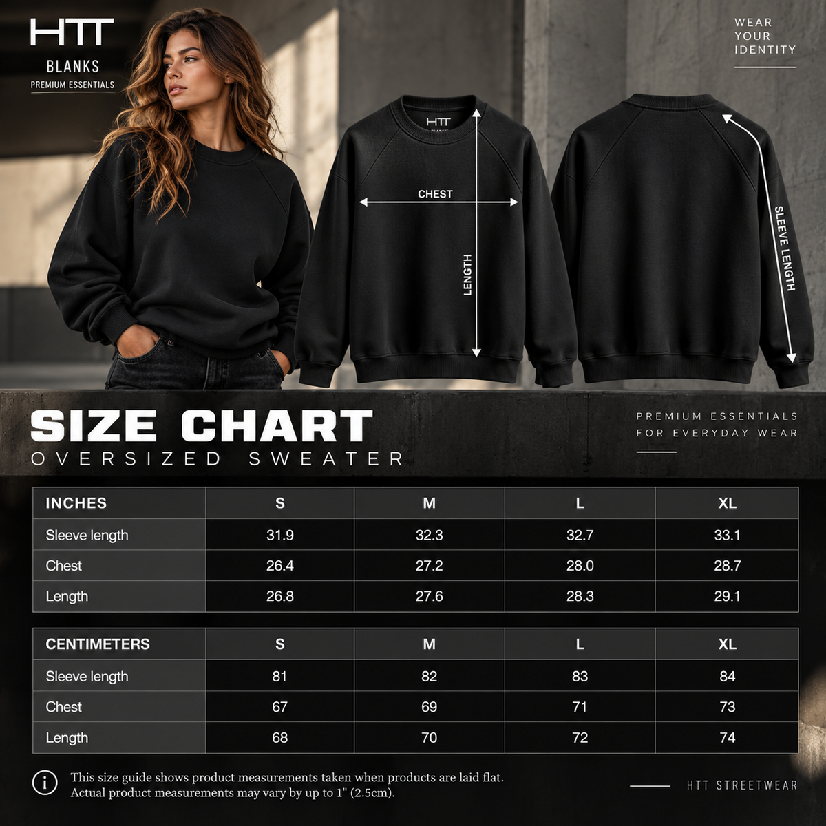 HTT BLANKS 380 GSM sweater maattabel S M L XL in centimeters en inches