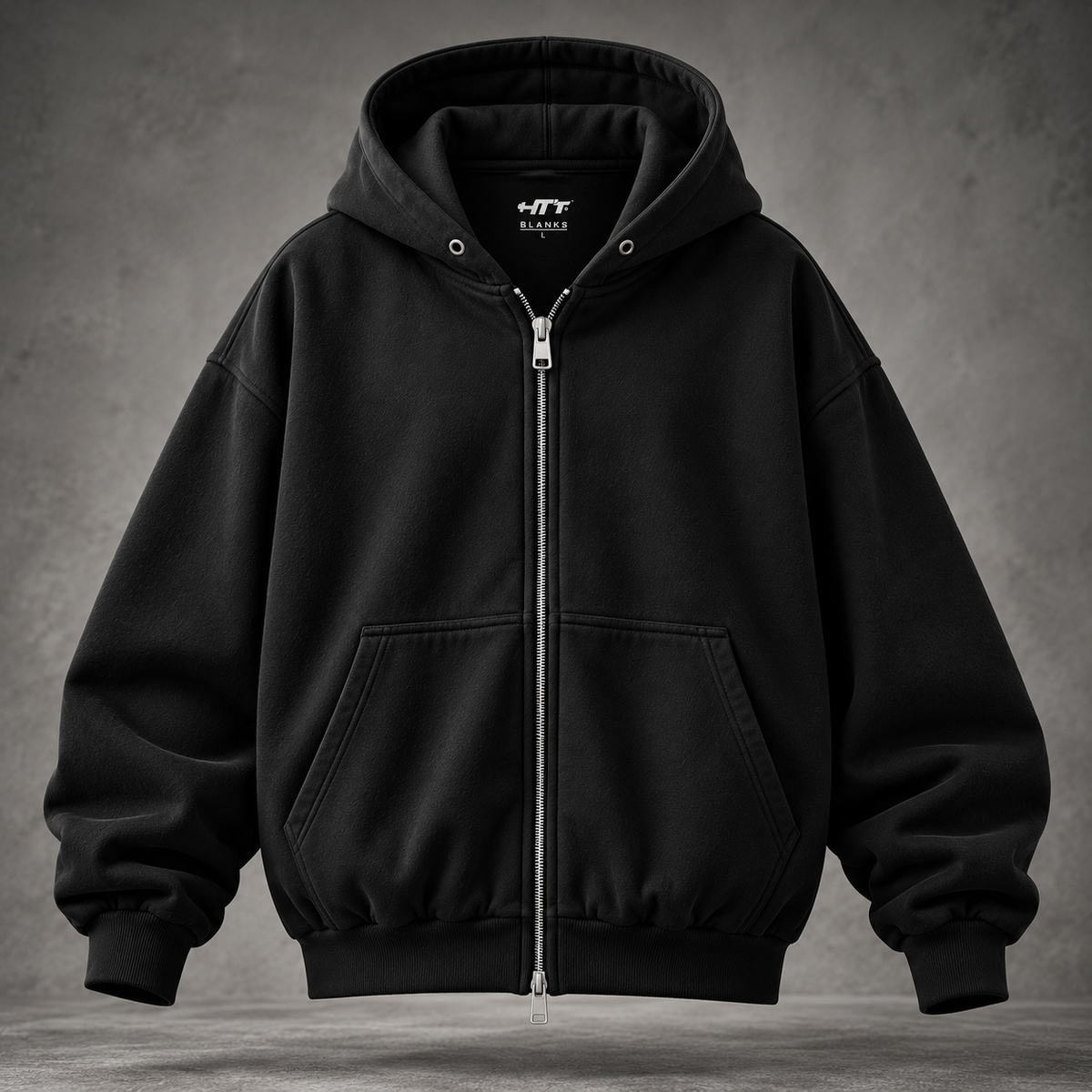 HTT BLANKS 400GSM black heavyweight zip hoodie, front hero view