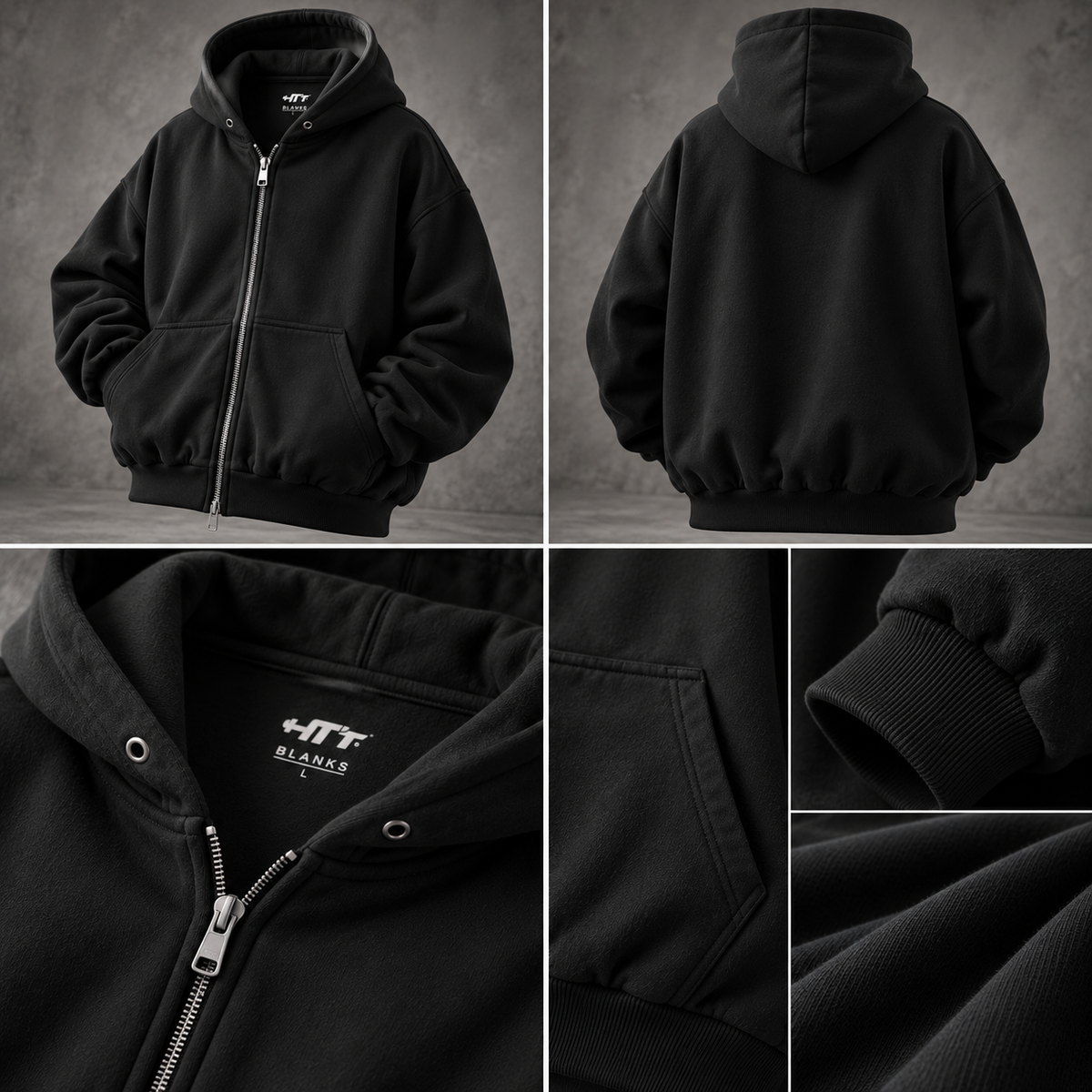 HTT BLANKS 400GSM black zip hoodie, front, back and construction detail collage