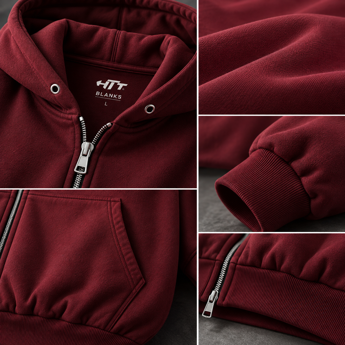 HTT BLANKS 400GSM Burgundy zip hoodie details, cotton fabric, zipper, cuff and pocket