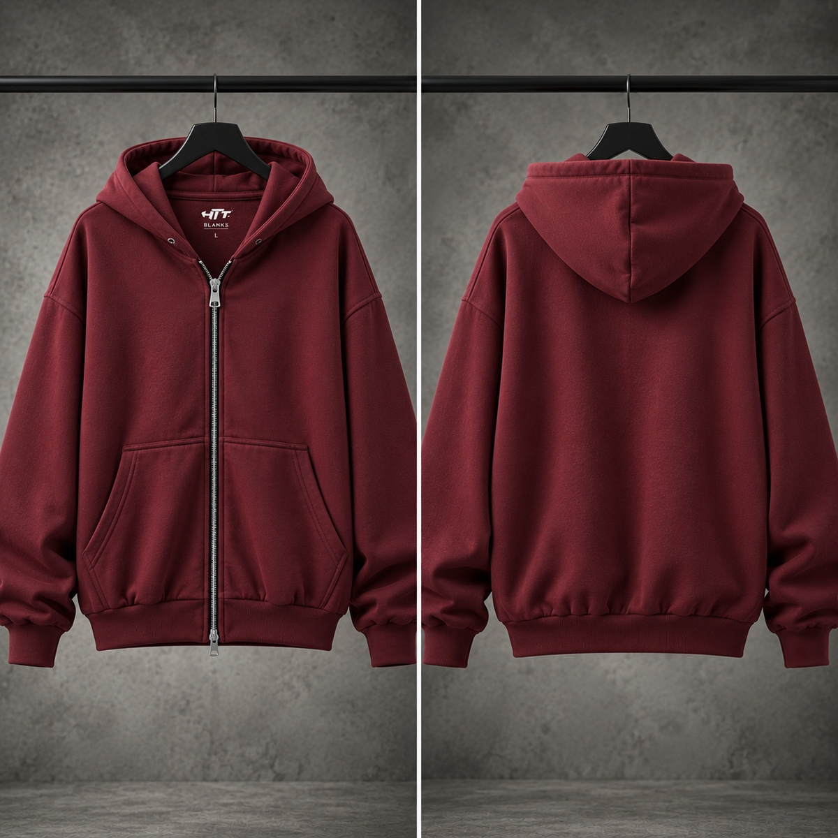 HTT BLANKS 400GSM Burgundy zip hoodie, front and back hanger views