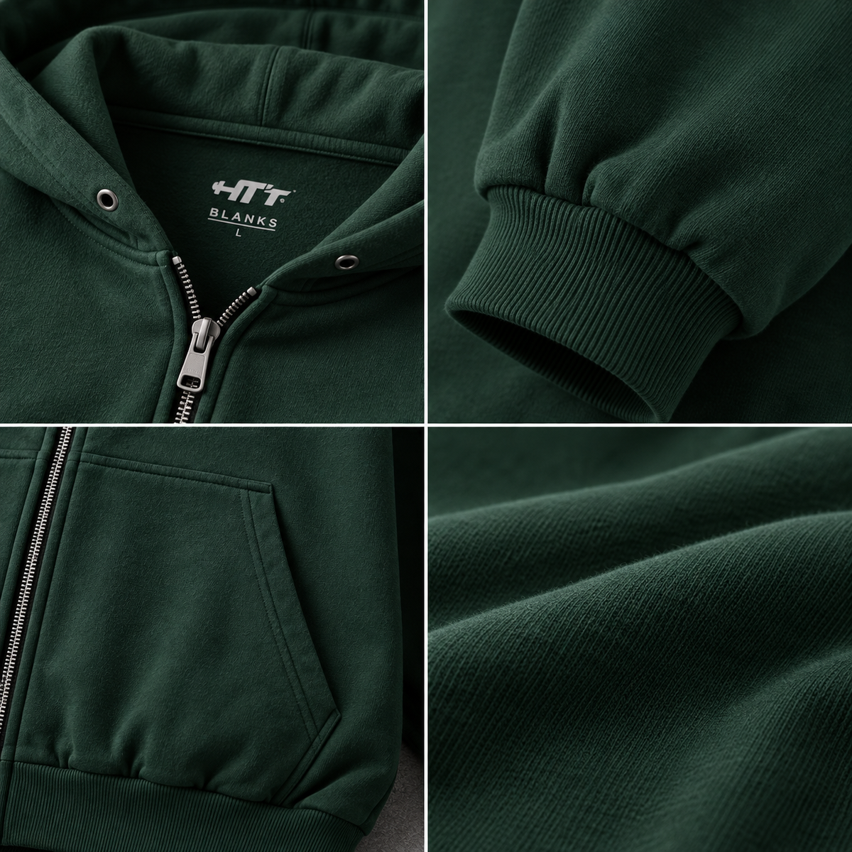 HTT BLANKS 400GSM forest green zip hoodie details, zipper, cuff, pocket and cotton fabric