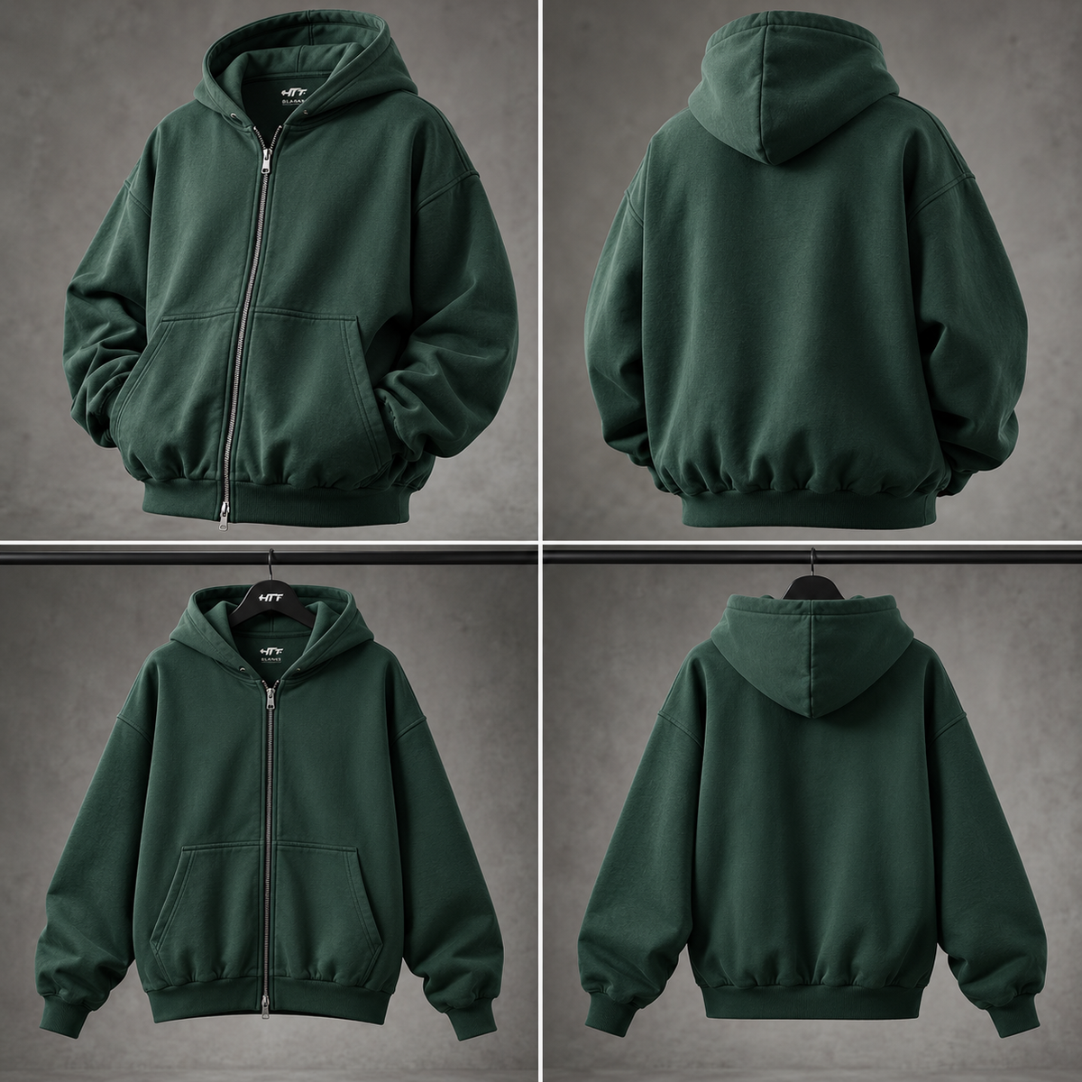 HTT BLANKS 400GSM forest green zip hoodie, front and back product collage