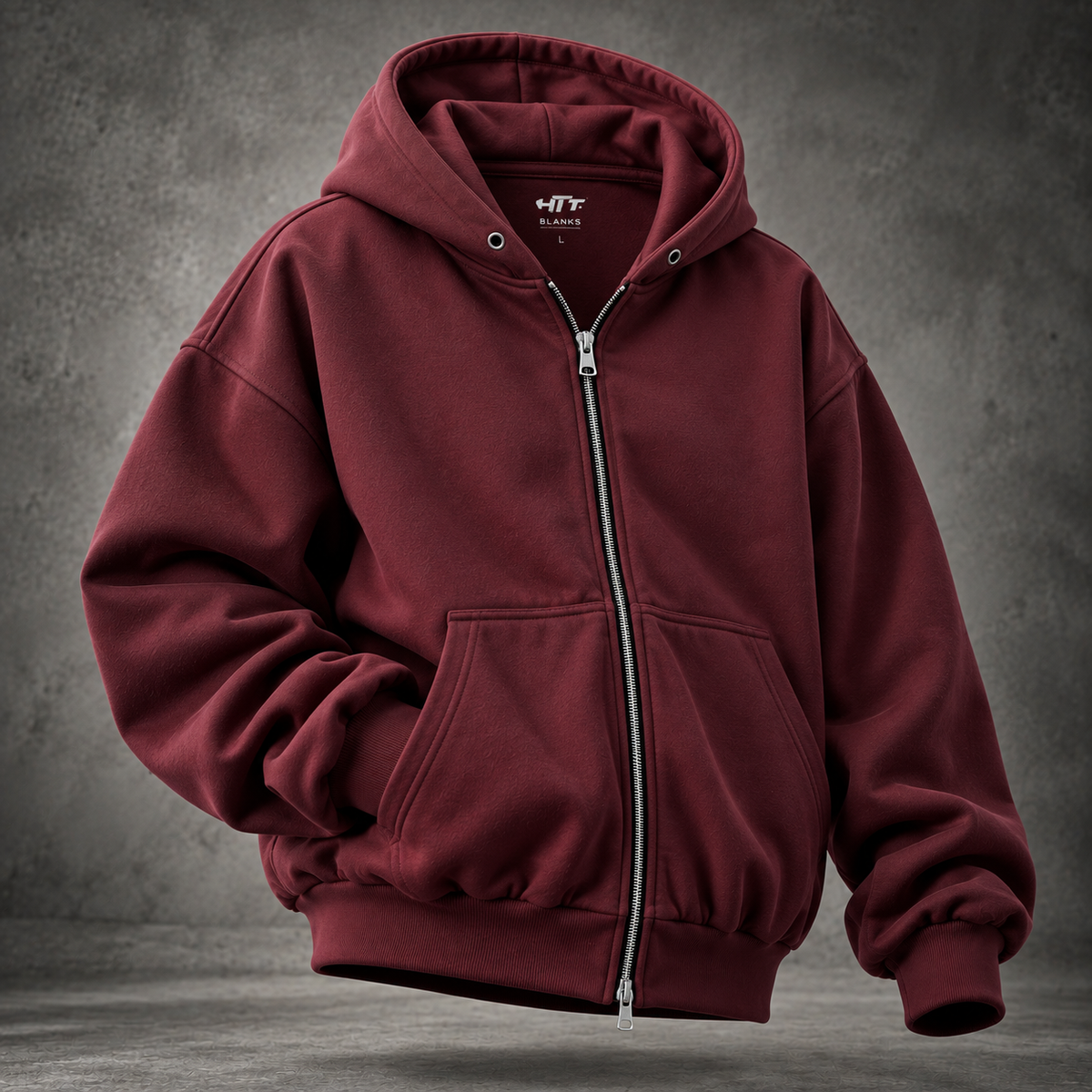 HTT BLANKS 400GSM heavyweight zip hoodie in Burgundy, front hero view