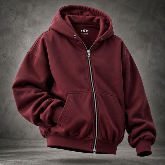 HTT BLANKS 400GSM heavyweight zip hoodie in Burgundy, front hero view