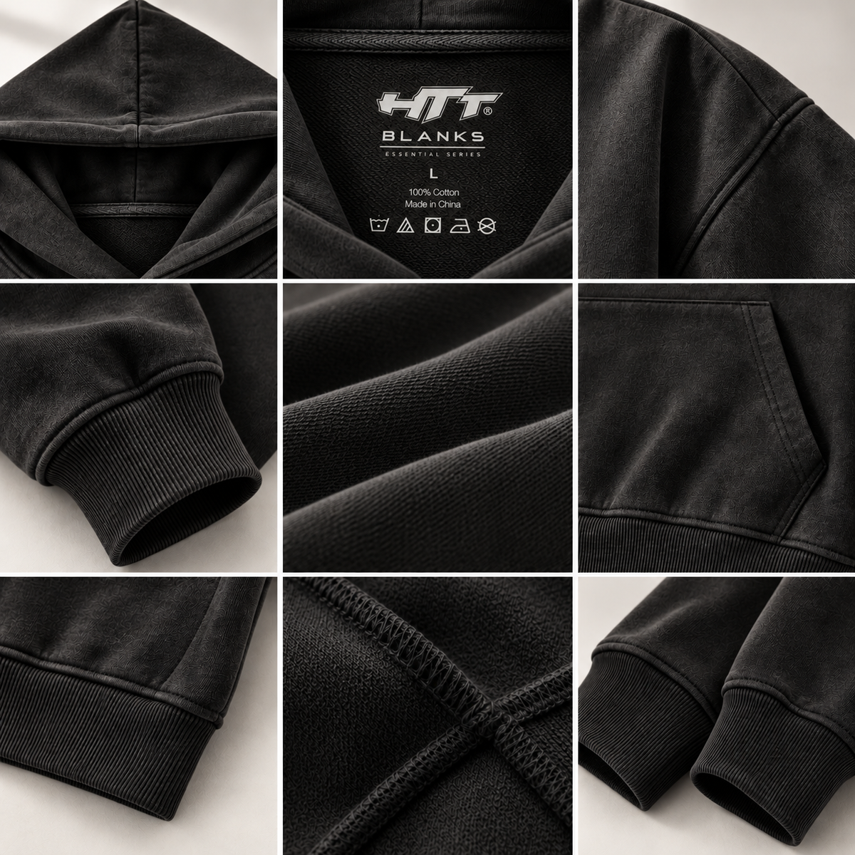 Black HTT BLANKS 440GSM hoodie details with neck label, fabric, seams, cuffs and pocket