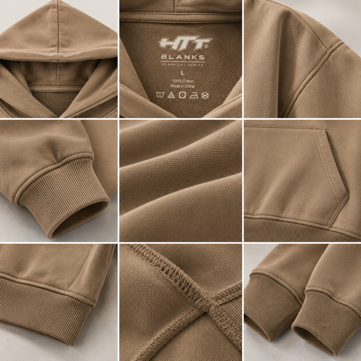 Camel HTT BLANKS 440GSM hoodie details with neck label, fabric, seams, cuffs and pocket