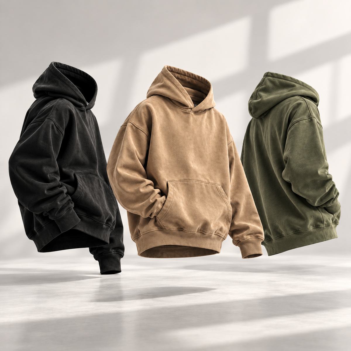 HTT BLANKS 440GSM heavyweight hoodies in Black, Camel and Grey Green
