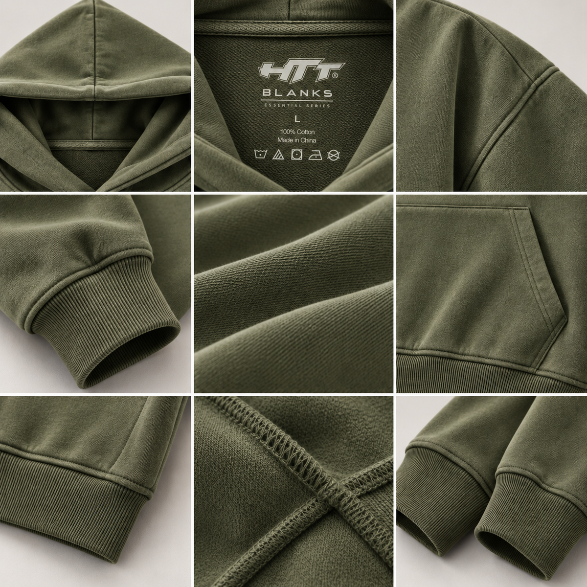 Grey Green HTT BLANKS 440GSM hoodie details with neck label, fabric, seams, cuffs and pocket