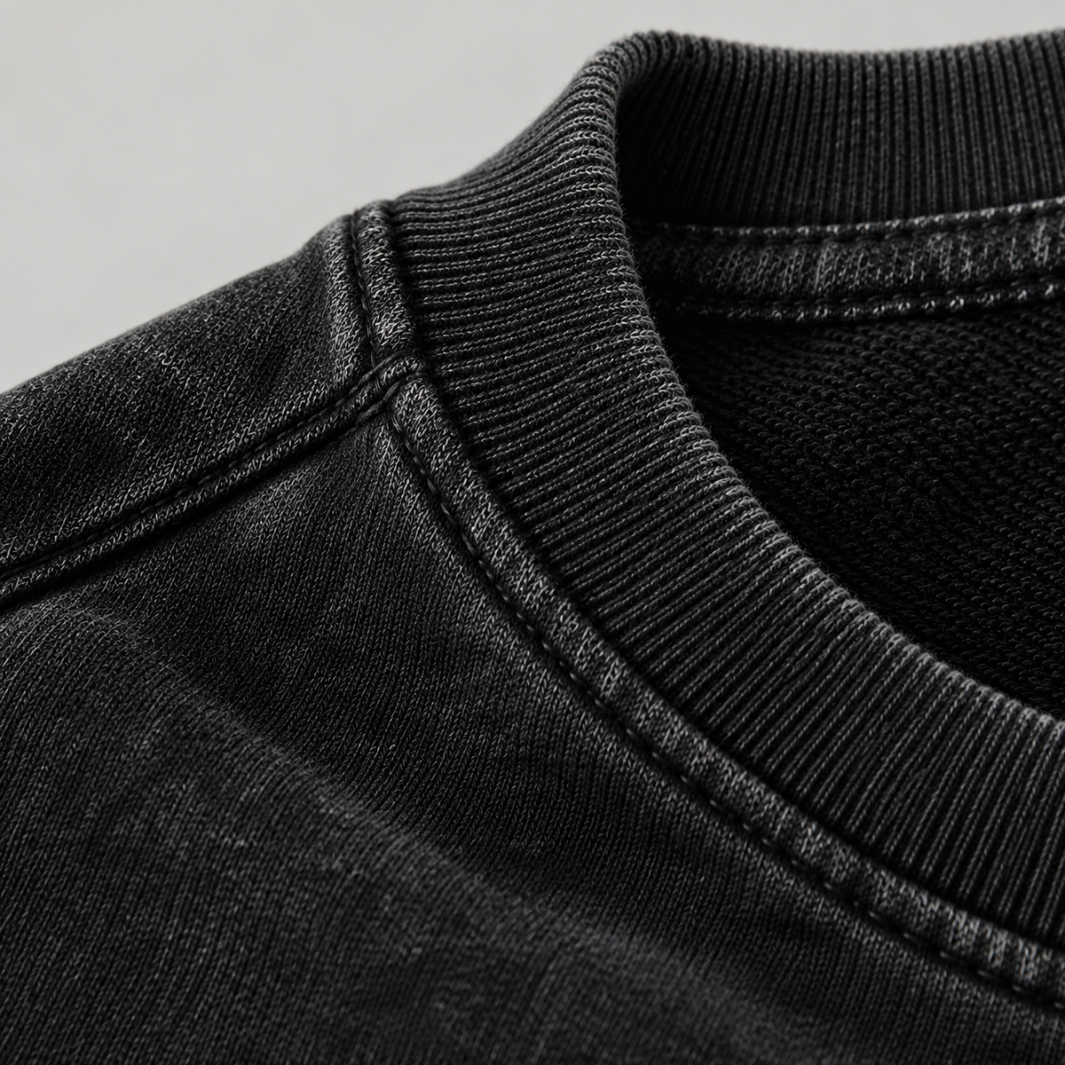 HTT BLANKS 440GSM washed black crewneck – ribbed collar and heavyweight cotton detail