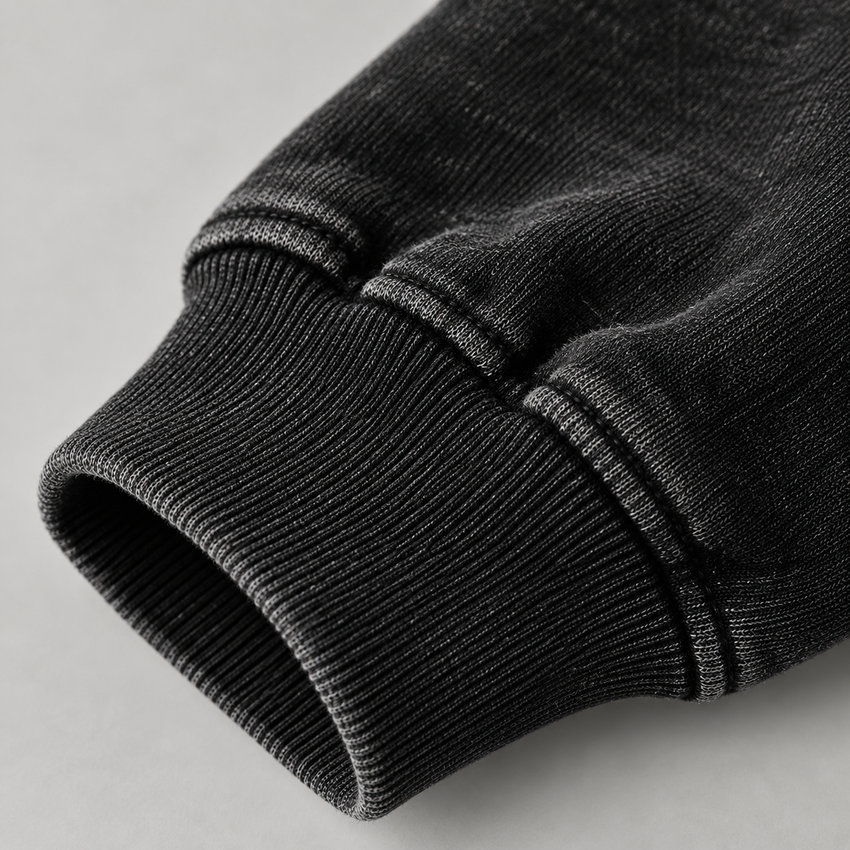 HTT BLANKS 440GSM washed black crewneck – ribbed cuff and heavyweight cotton detail