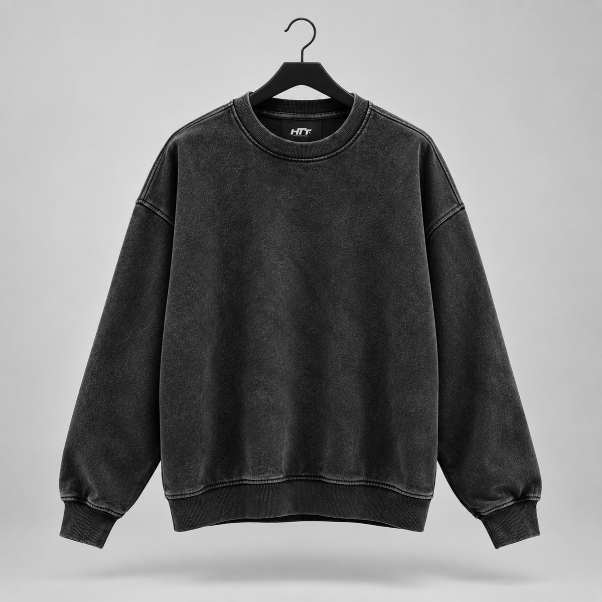HTT BLANKS 440GSM heavyweight crewneck in washed black – front hanger product view