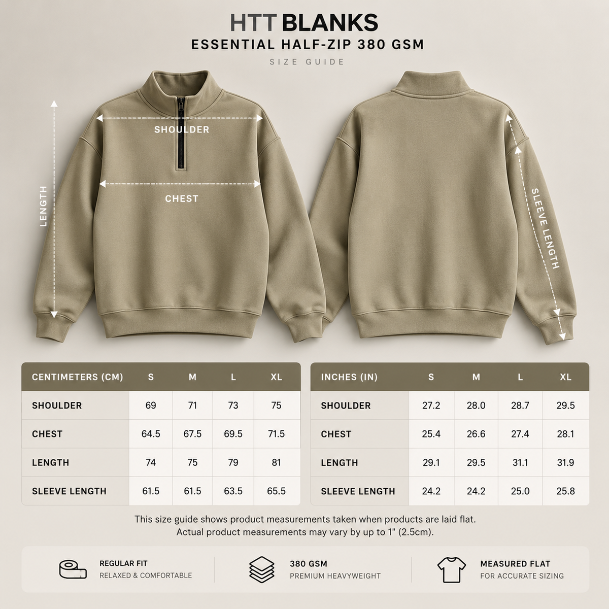 HTT BLANKS Essential Half-Zip 380 GSM size guide for S, M, L and XL with shoulder, chest, length and sleeve measurements in cm and inches