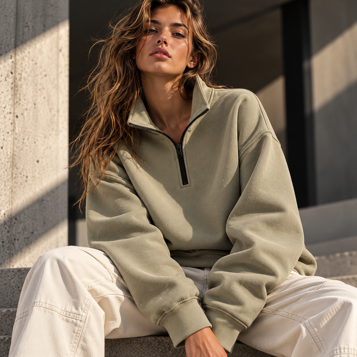 HTT BLANKS Essential Half-Zip 380 GSM Camel damesmodel premium streetwear editorial