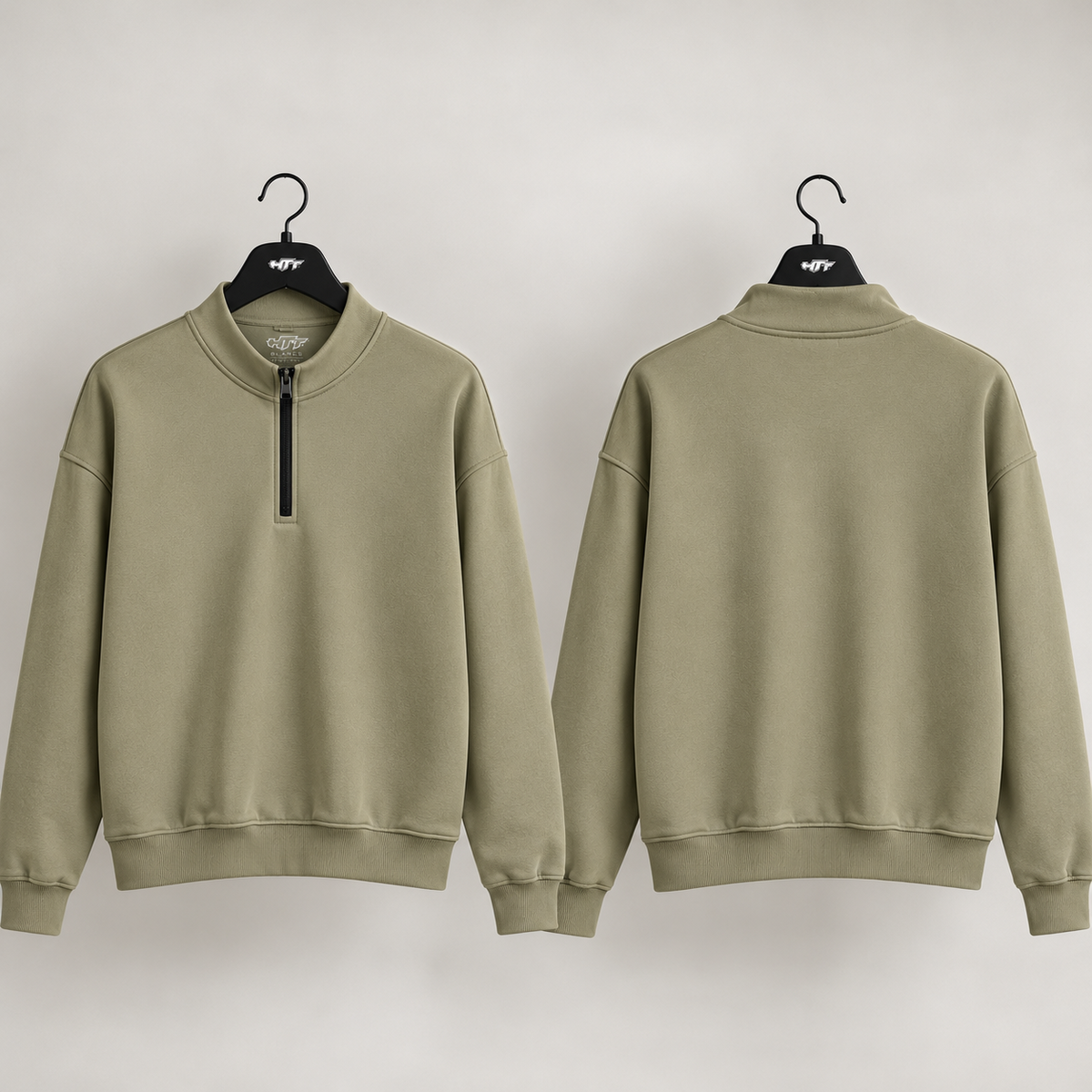 HTT BLANKS Essential Half-Zip 380 GSM Camel beige sweater op hanger voor- en achteraanzicht