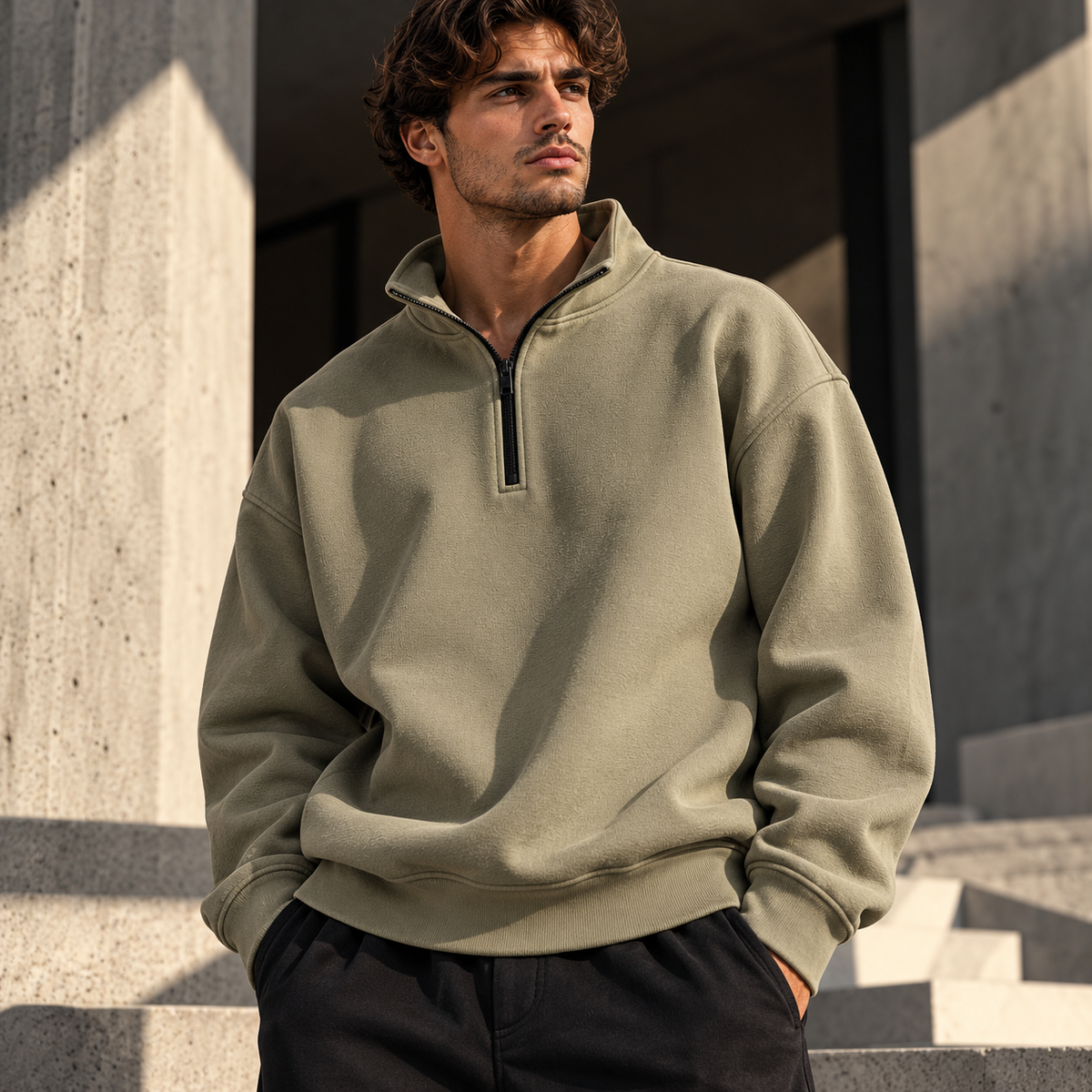 HTT BLANKS Essential Half-Zip 380 GSM Camel herenmodel oversized unisex sweater