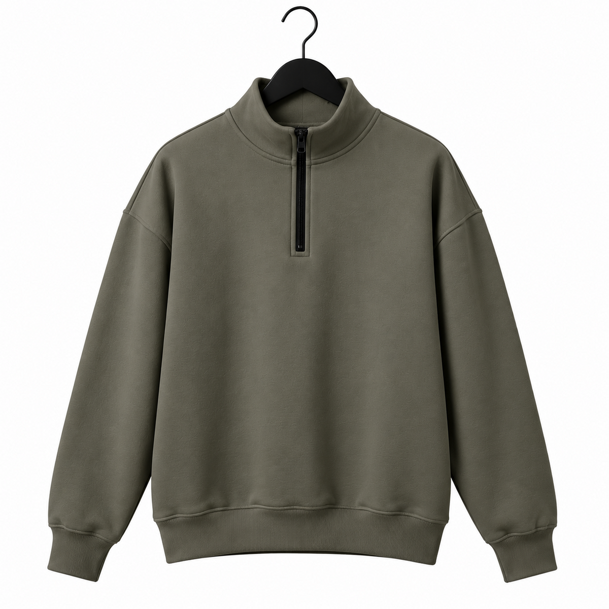 HTT BLANKS charcoal grey 380 GSM oversized half zip sweatshirt on hanger front view