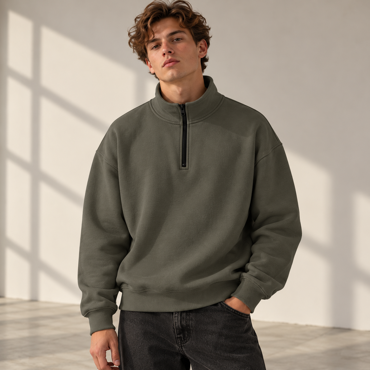 HTT BLANKS Essential Half-Zip 380 GSM Charcoal Grey herenmodel voorzijde, premium unisex sweater
