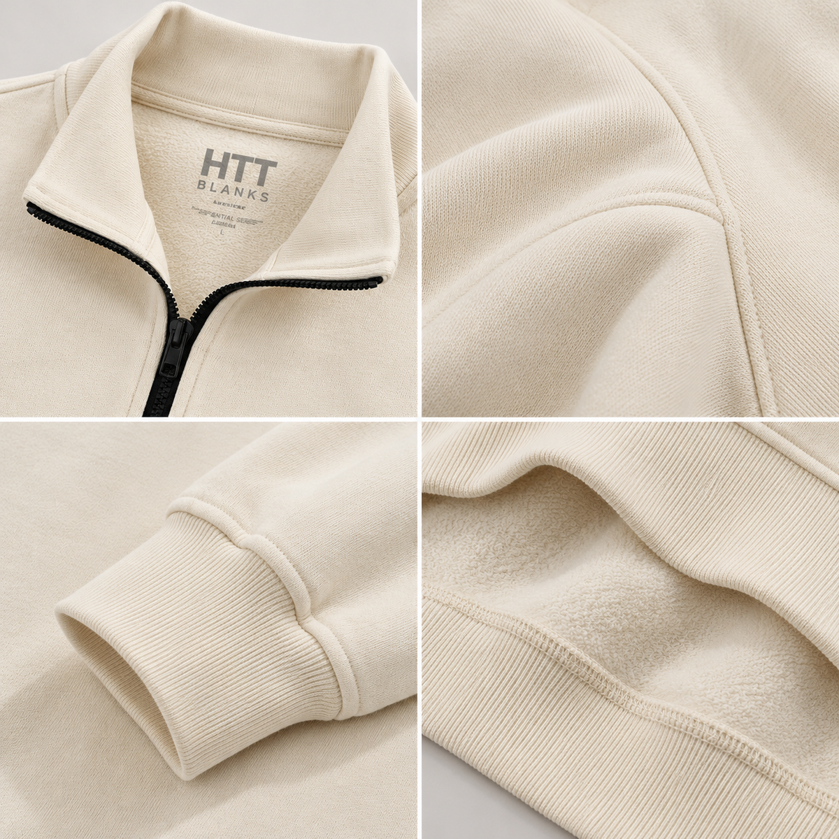 HTT BLANKS crème half-zip detailfoto's van rits, stof en boorden