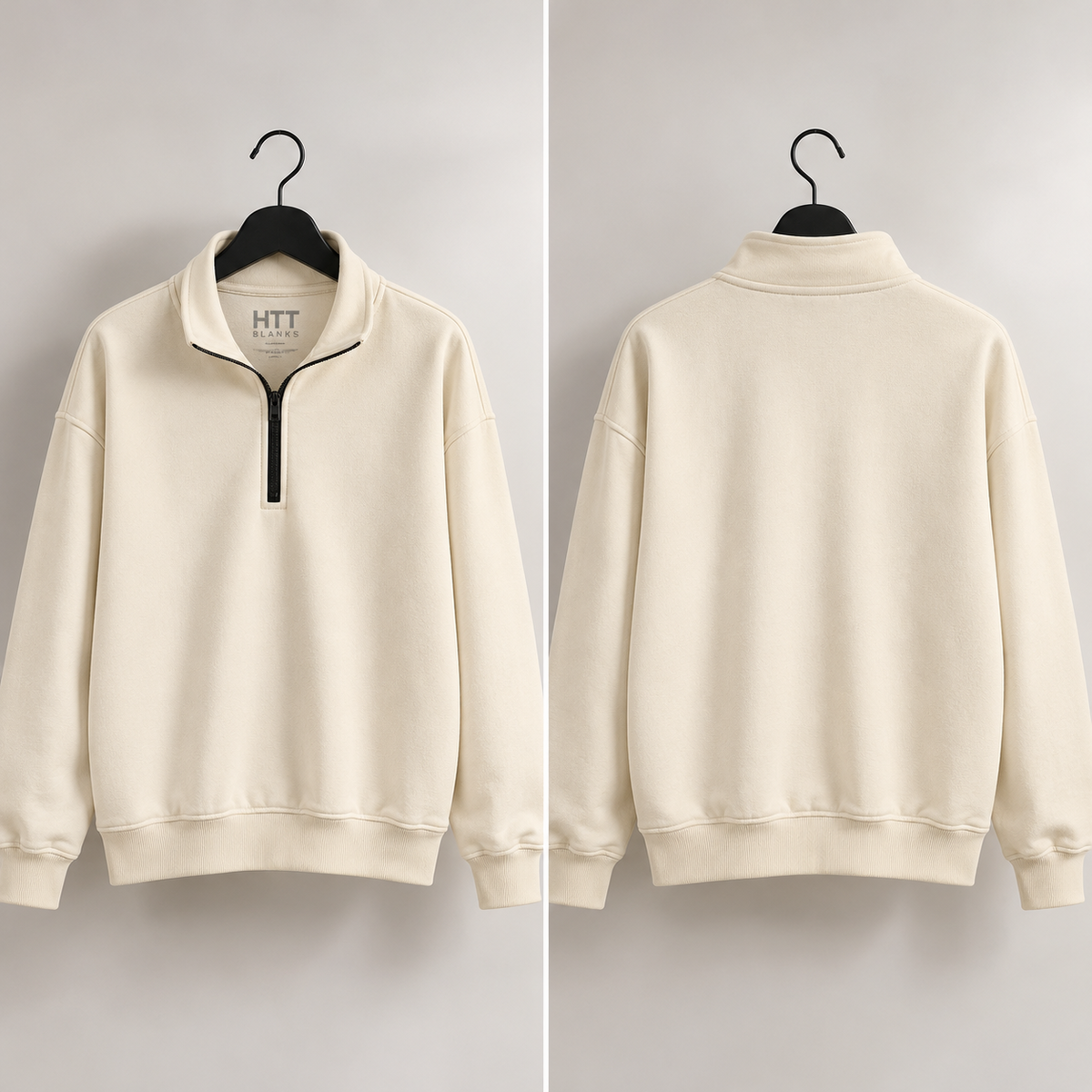 HTT BLANKS crème half-zip op hanger, voor- en achteraanzicht