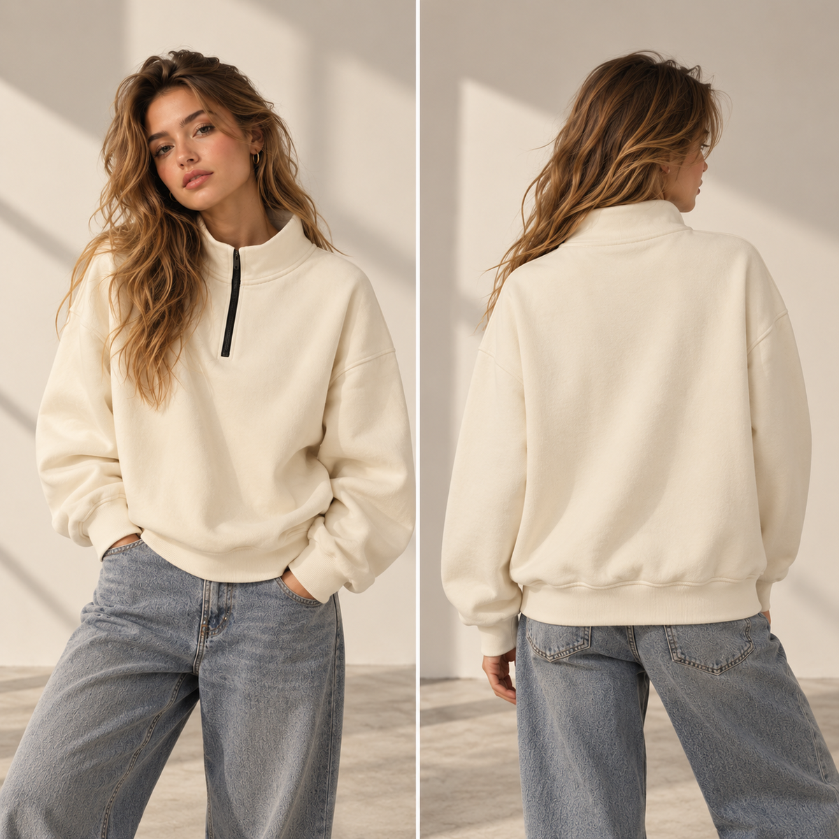 HTT BLANKS crème half-zip op vrouw, voor- en achteraanzicht