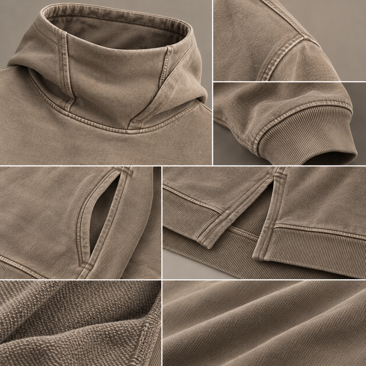 HTT Blanks Khaki-Hoodie-Detailcollage mit Darstellung von Rollkragen, Nähten, Rippbündchen, gewaschenem Stoff und Konstruktion mit geteiltem Saum
