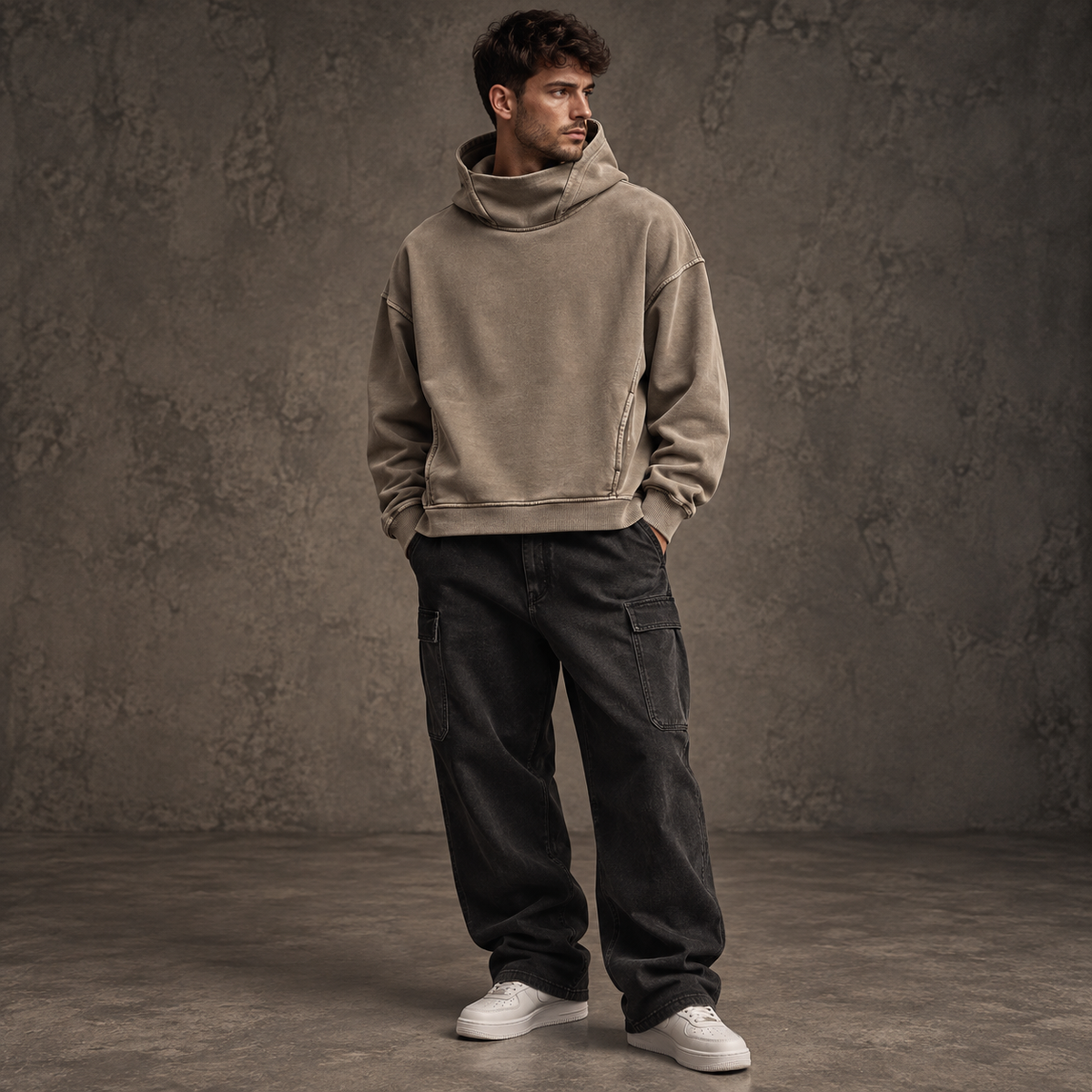 HTT Blanks 380 GSM gewaschener Rollkragen-Hoodie in Khaki – redaktionelles Herren-Highlight