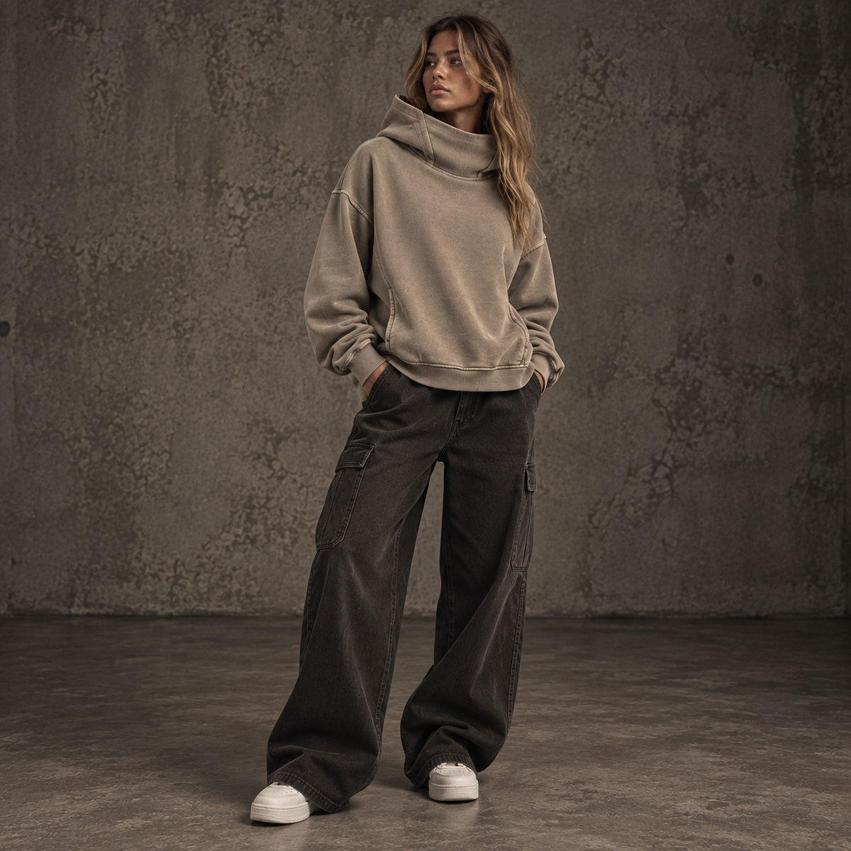HTT BLANKS 380 GSM khaki turtleneck hoodie on female model – editorial hero