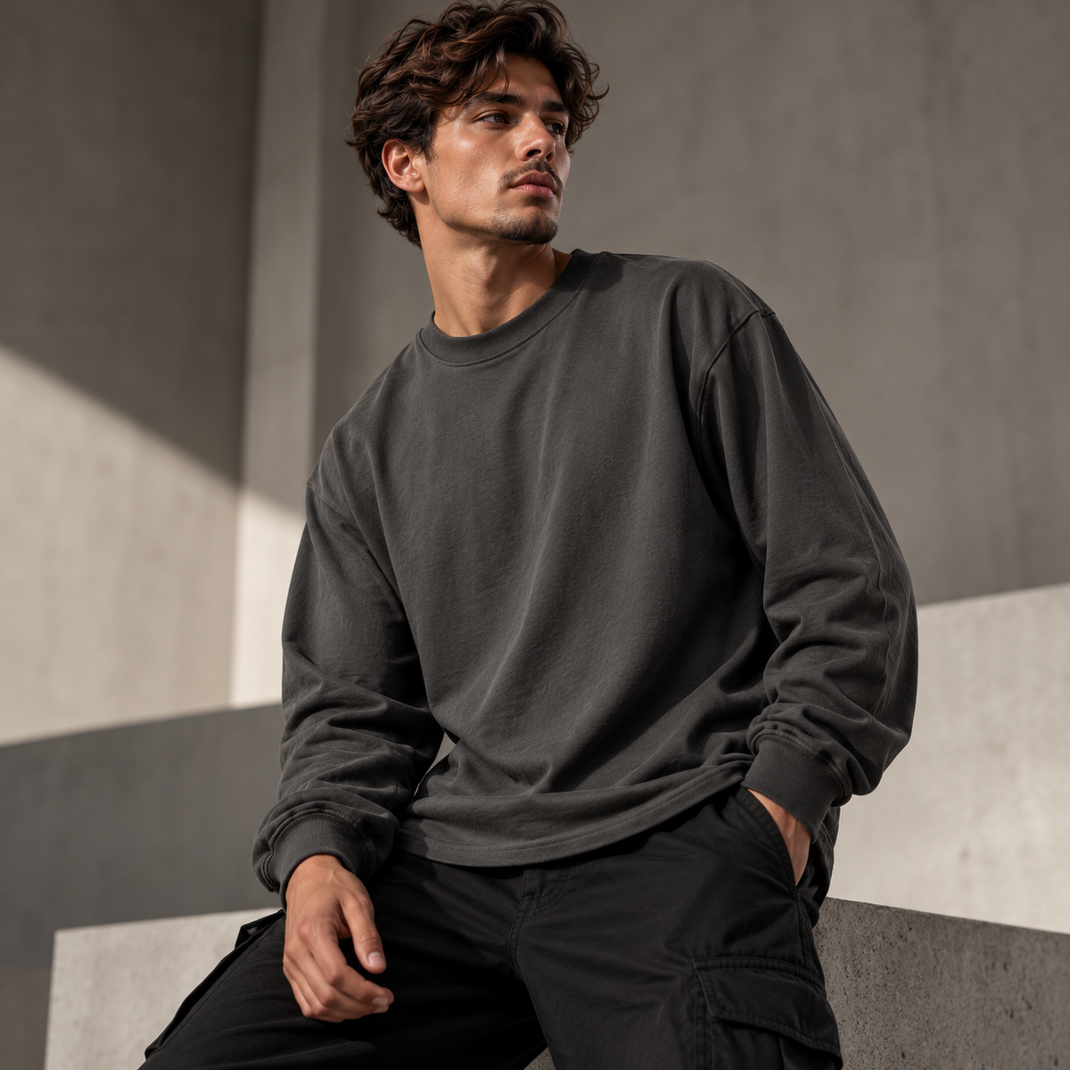 HTT BLANKS oversized longsleeve Charcoal Grey op mannelijk model, moderne streetwear studiofoto