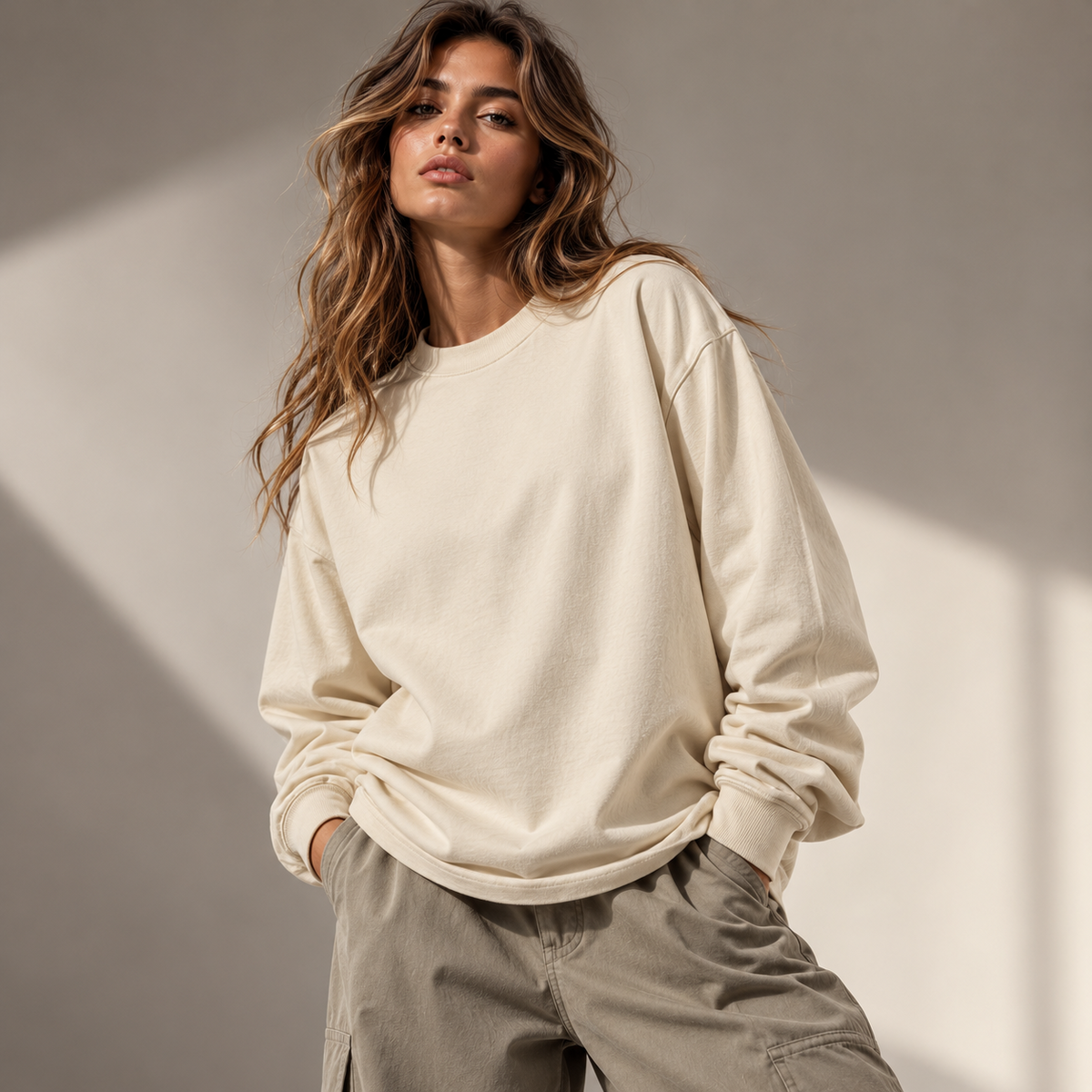HTT BLANKS oversized longsleeve Rice Apricot op vrouwelijk model, premium unisex fashion look