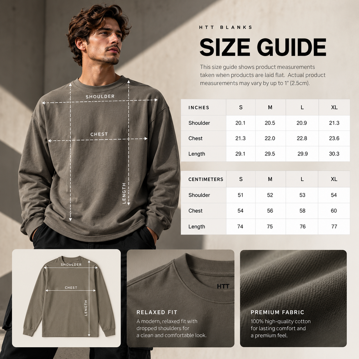 HTT BLANKS longsleeve maattabel S M L XL met schouder borst en lengte in centimeters en inches