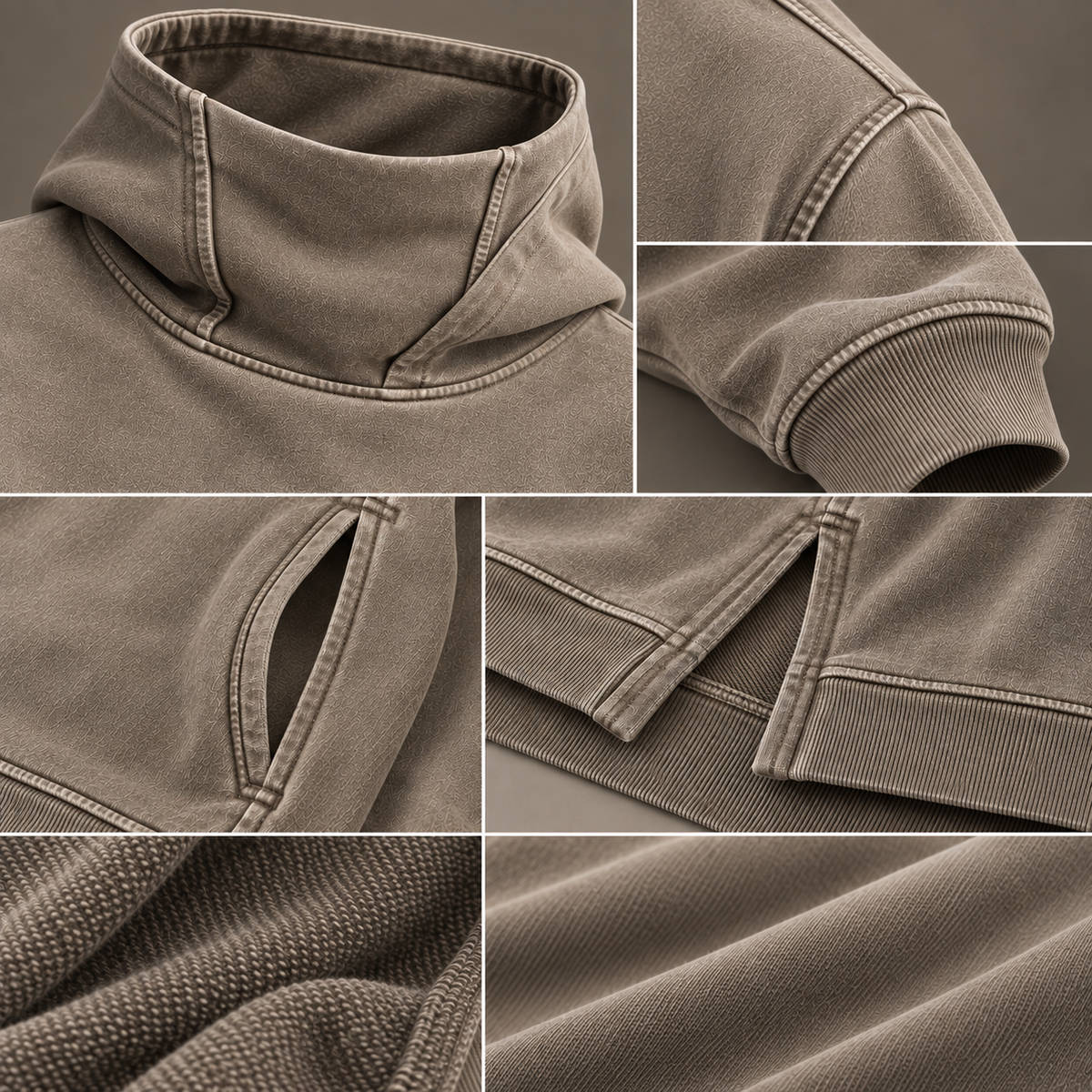 HTT Blanks Neutrales graues Hoodie-Detail-Collage mit Rollkragen, Nähten, Rippbündchen, gewaschenem Stoff und Schlitzsaumkonstruktion